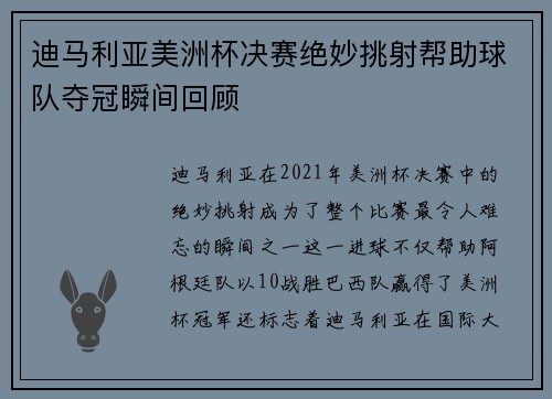 迪马利亚美洲杯决赛绝妙挑射帮助球队夺冠瞬间回顾