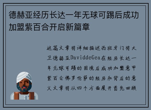德赫亚经历长达一年无球可踢后成功加盟紫百合开启新篇章